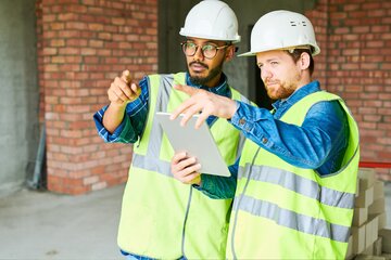 Bauleiter mit Tablet und Helm auf der Baustelle